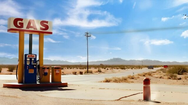 gas station on the side of a desert road. Seamless looping 4k video animation