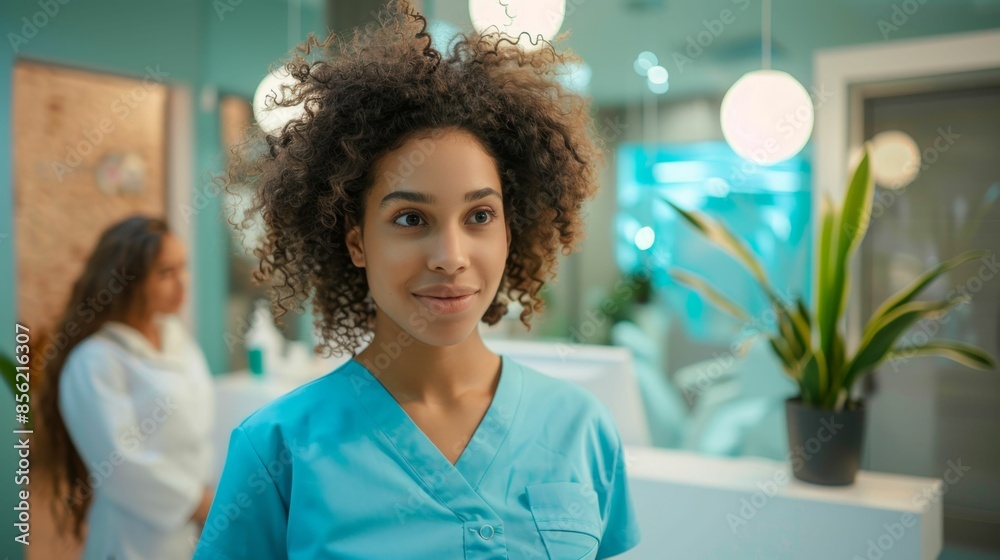 Canvas Prints young woman with curly hair wearing a light blue scrubs standing in a modern well-lit medical office