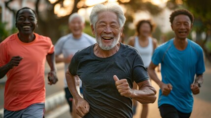 A group of diverse runners including an elderly man with a beard smiling and giving a thumbs-up running together in a race with a blurred background suggesting motion and a sunny day.