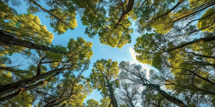 trees from bottom view up, blue sky