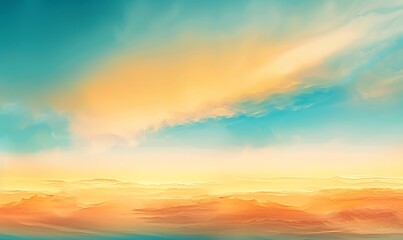 Obraz premium A wide, panoramic view of an ethereal sunset sky with rich, gradient colors transitioning from blue to orange to yellow, creating a dreamy and uplifting atmosphere