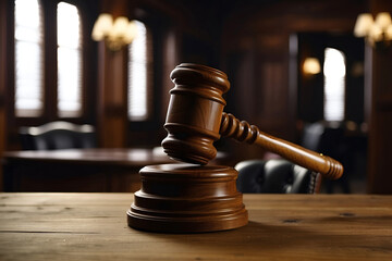 Wooden gavel on a wooden table in a judge's room, copy space for text