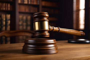 Wooden gavel on a wooden table in a judge's room, copy space for text
