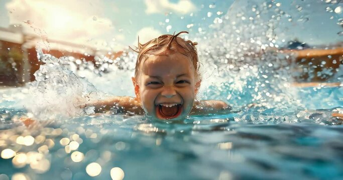 Child having fun, creating a big splash after a daring jump into the swimming pool