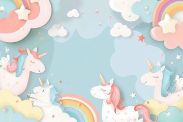 unicorns and clouds in the sky with rainbow and stars