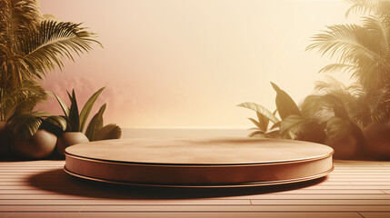 Obraz premium Commercial type wooden podium with lights and tropical leaves, wooden podium