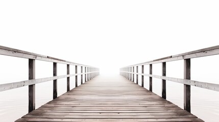 Fototapeta premium Detailed wooden fishing pier stretching into the horizon, captured on a clear white background, showcasing fishing equipment and structural elements in high definition