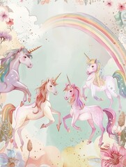 unicorns and rainbow on a floral background