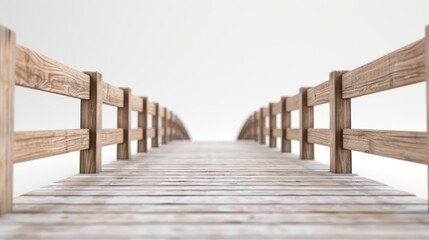 Fototapeta premium Detailed wooden fishing pier stretching into the horizon, captured on a clear white background, showcasing fishing equipment and structural elements in high definition