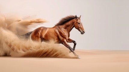 Elegant horse galloping at high speed, mane and tail streaming, isolated on a light background, capturing the essence of motion and freedom