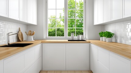Elegant kitchen with wooden countertops, bright lighting, and white cabinets, open and spacious with large windows, ideal for food photography or kitchen product displays