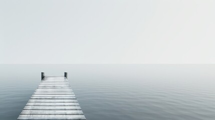 Fototapeta premium Far view of a rustic fishing pier surrounded by calm water, depicted against a pristine white background, emphasizing the details of the wooden planks and fishing tools