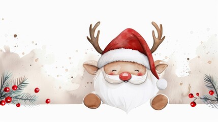 Festive watercolor image of a gnome on a reindeer, detailed and colorful, on a white background, ideal for sublimation projects and holiday themes