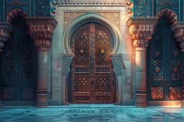 Obraz premium an ornate door in a room with columns and pillars
