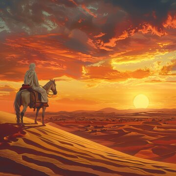 a man on horseback in the desert at sunset