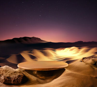 Simple wooden stand placed against night desert landscape with undulating sand dunes. Creative spot for artistic displaying products against natural backdrop
