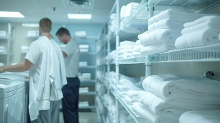 Professional Hotel Laundry Service Room with Staff Folding and Stacking Clean Towels and Linens