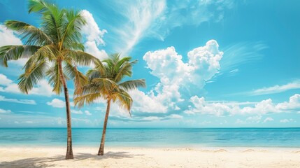 Fototapeta premium Palm trees on beautiful tropical beach with blue sky with white clouds, copy space of summer vacation and business travel concept background