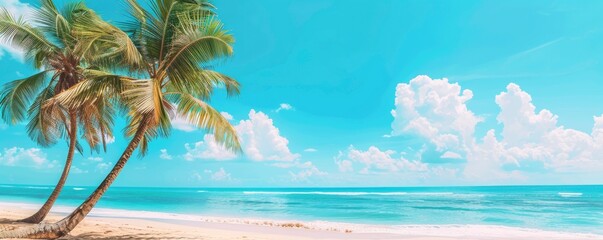 Palm trees on beautiful tropical beach with white sand, blue sky and white clouds, copy space of summer vacation and business travel concept
