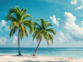 Palm trees on beautiful tropical beach with white sand, blue sky and white clouds, copy space of summer vacation and business travel concept