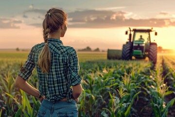 Fototapeta premium Young woman farmer standing on corn field during baling. Tractor in background