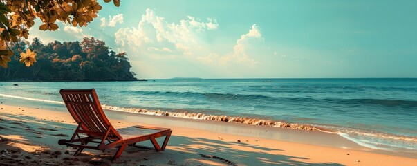 Photo of wooden deck chair at tropical beach with breathtaking nature background, professional photo, contrast colors, copy space, advertising shoot