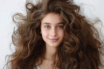 Naklejka premium Portrait of Woman with Voluminous Brown Hair. Generative AI.