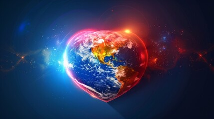 Heart-shaped planet earth radiating light, symbolizing love, unity, and global connection in a vibrant, cosmic scene, World humanitarian day