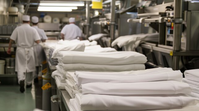 Professional Laundry Services for Restaurants - Crisp White Tablecloths and Chef Uniforms in Organized Facility