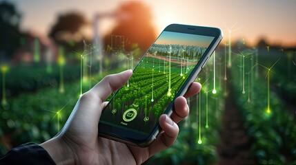 concept of smart farming in agriculture industry, mobile phone with agriculture technology application and farming environment,