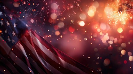 American flag with fireworks and bokeh lights celebrating Independence Day.
