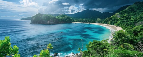 Wild island ocean tropical beach, breathtaking view, saturated colors