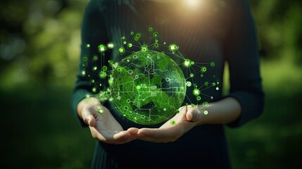 Technology, hand holding with environment Icons over the Network connection on green background.