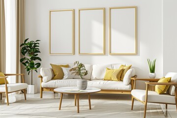 A living room with white walls, a sofa and armchairs in a wooden frame, plants on the table, 3d render