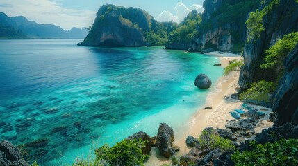 Wild island ocean tropical beach, breathtaking view, saturated colors