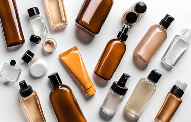 Obraz premium Face and body care spa concept. Female hand holding amber glass bottle with anti aging collagen cream. natural organic cosmetics for personal care. Amber bottles with facial cosmetics on a tray 