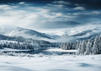 A stunning view of snow-covered mountains and a frozen lake in a winter wonderland