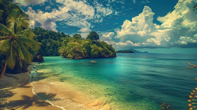 Wild island ocean tropical beach, breathtaking view, saturated colors