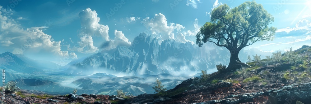 Sticker Ethereal,fantastical landscape with a lone tree silhouetted against a backdrop of dramatic,snow-capped mountains and a moody,atmospheric sky. The serene.