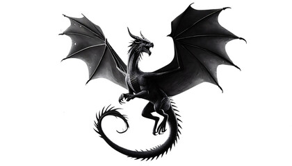 A realistic black dragon with large wings in flight on a transparent background