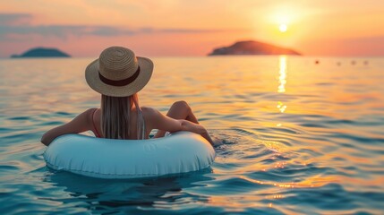 Fototapeta na wymiar Woman in hat poses on an inflatable donut mattress in the sea at the sunset, view from back, beautiful nature, summer vacation, happy relaxing time