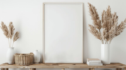 white mockup poster frame on rustic shelf, wooden console with wicker baskets and vases of pampas grass, white wall background, boho style home interior design 3D render