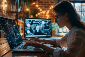 Woman working on a laptop with security software interface displayed.