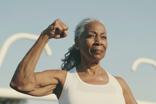 Strong senior woman flexing muscles under open sky
