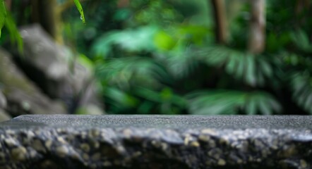 Stone Tabletop with Green Lush Foliage Background
