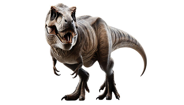 A realistic Tyrannosaurus rex standing upright with a fierce expression on a transparent background