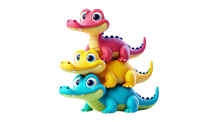 Fototapeta premium Three colorful cartoon alligators stacked on top of each other, with the top one being pink, the middle one yellow, and the bottom one blue, on a transparent background