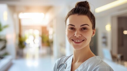 Fototapeta premium Smiling female nurse in white uniform standing in a brightly lit hallway with a blurred background exuding a sense of warmth and professionalism.