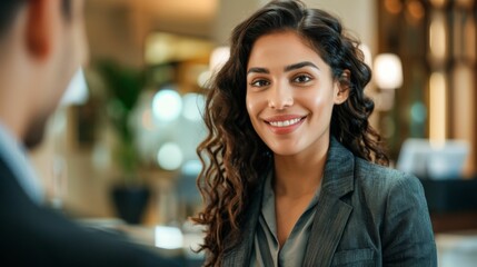 Obraz premium Smiling woman with curly hair wearing a blazer engaged in a conversation with a man in a suit.
