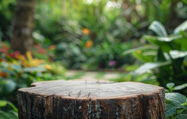 Naklejka premium Wooden Stump in a Lush Garden